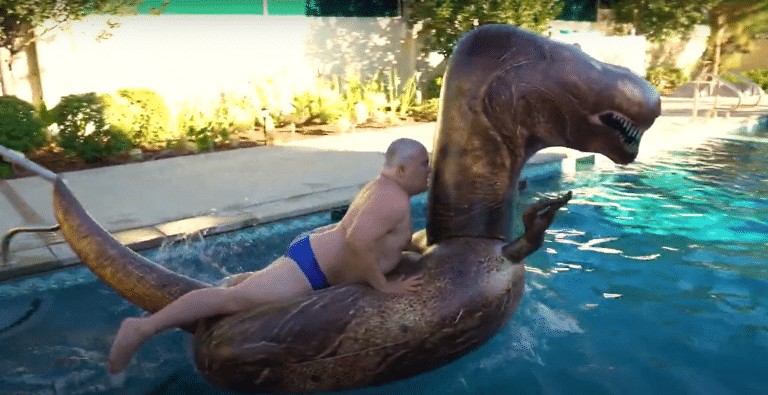 Here is some video of Jack Black trying to jump onto a pool raft